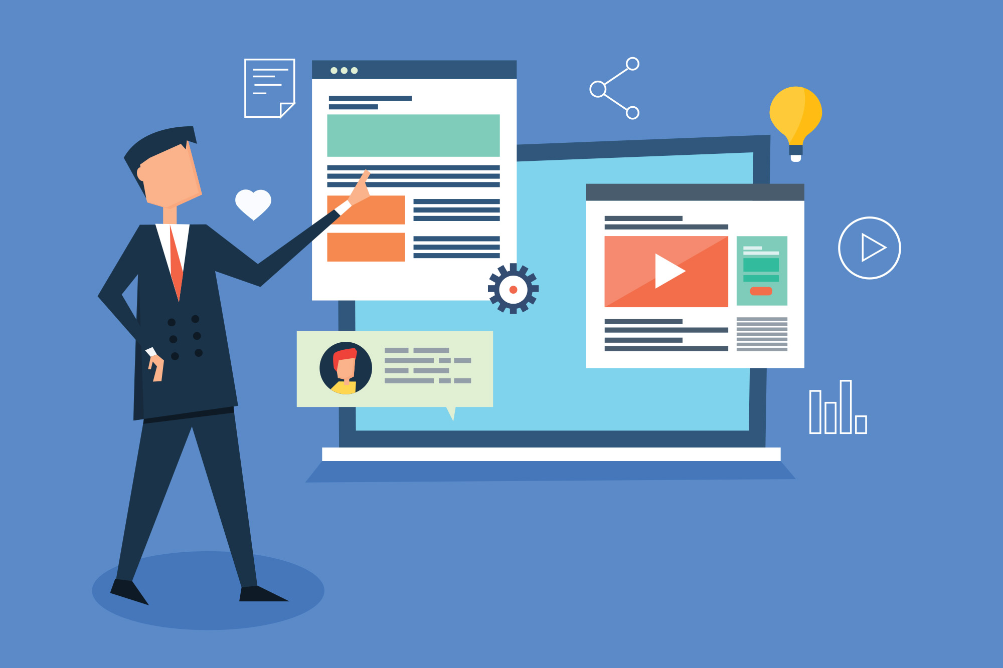 Digital marketing content - Man promoting digital content - Business advertising online flat vector banner on blue background