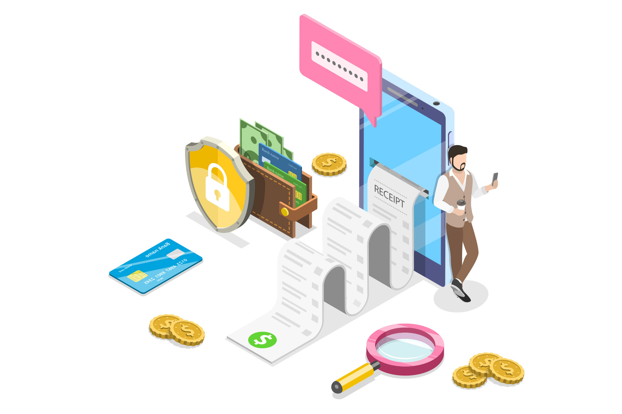 Flat isometric vector concept of receipt, online payment, money transfer, mobile wallet.