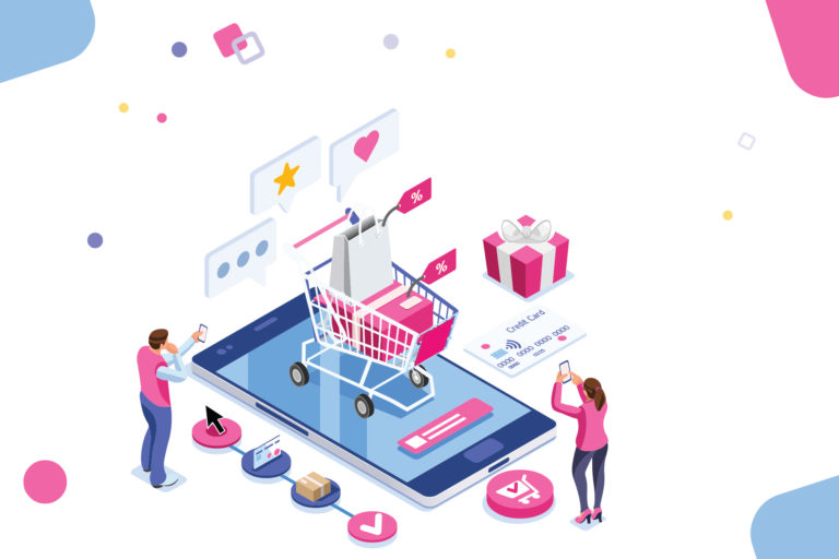 Order online concept with character. Customer order, online infographic. Isometric package sell, paying on screen purchase now discount. Flat Isometric characters illustration. Landing page for web.