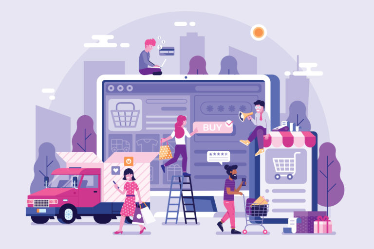 People shopping online concept with happy customers buying and making payments with smartphones. Internet digital store banner with man and woman on shopping. E-commerce advertising illustration.