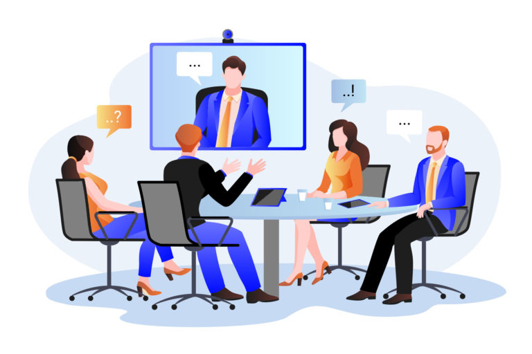 Business team at the video conference call in boardroom. Vector flat cartoon illustration. Online meeting with CEO, manager or director. Consulting and training concept.