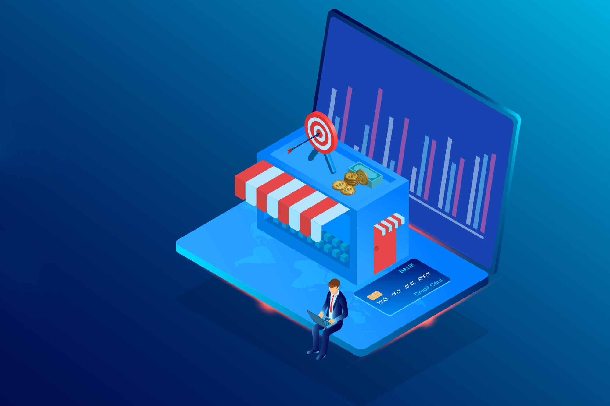 E-commerce shopping online with computer laptop. Vector 3d isometric template