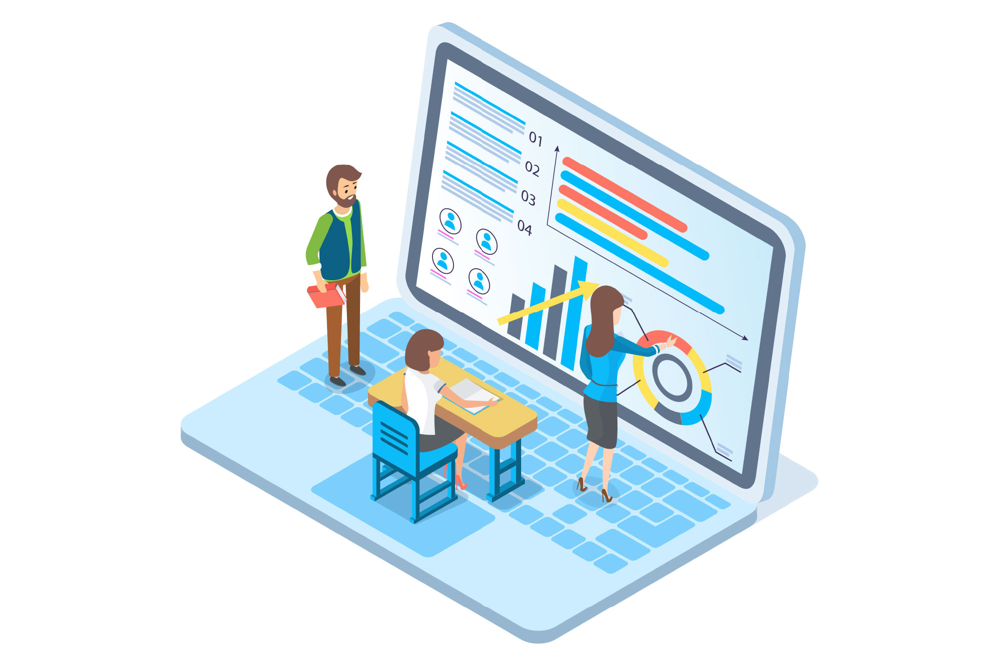 Expert worker evaluate statistics looking and discussing about business infographic on screen. Concepts for business analysis and planning consulting team work. Financial research with data indicators