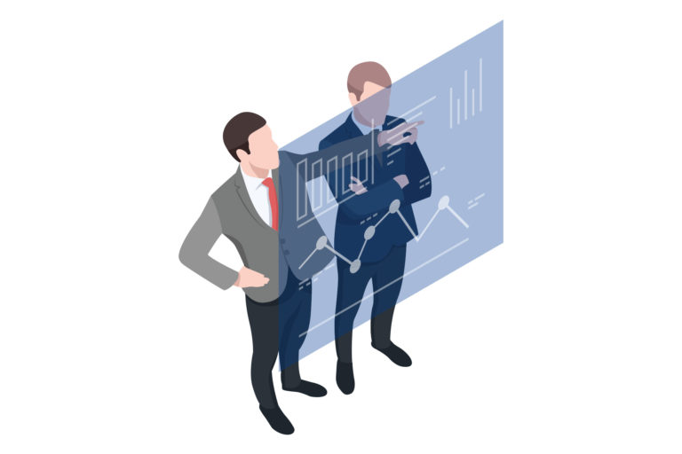 Isometric Two businessmen consulted, business analytics, graphics on the board isometric character of businessman corporation 3d vector illustration